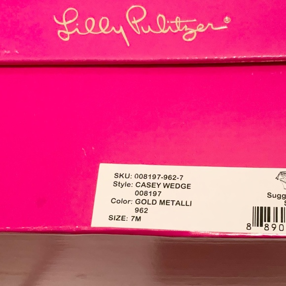 Lilly Pulitzer Casey Gold Metallic Leather Ankle Strap Heels Cork Wedge Sandal 7 - Picture 13 of 14